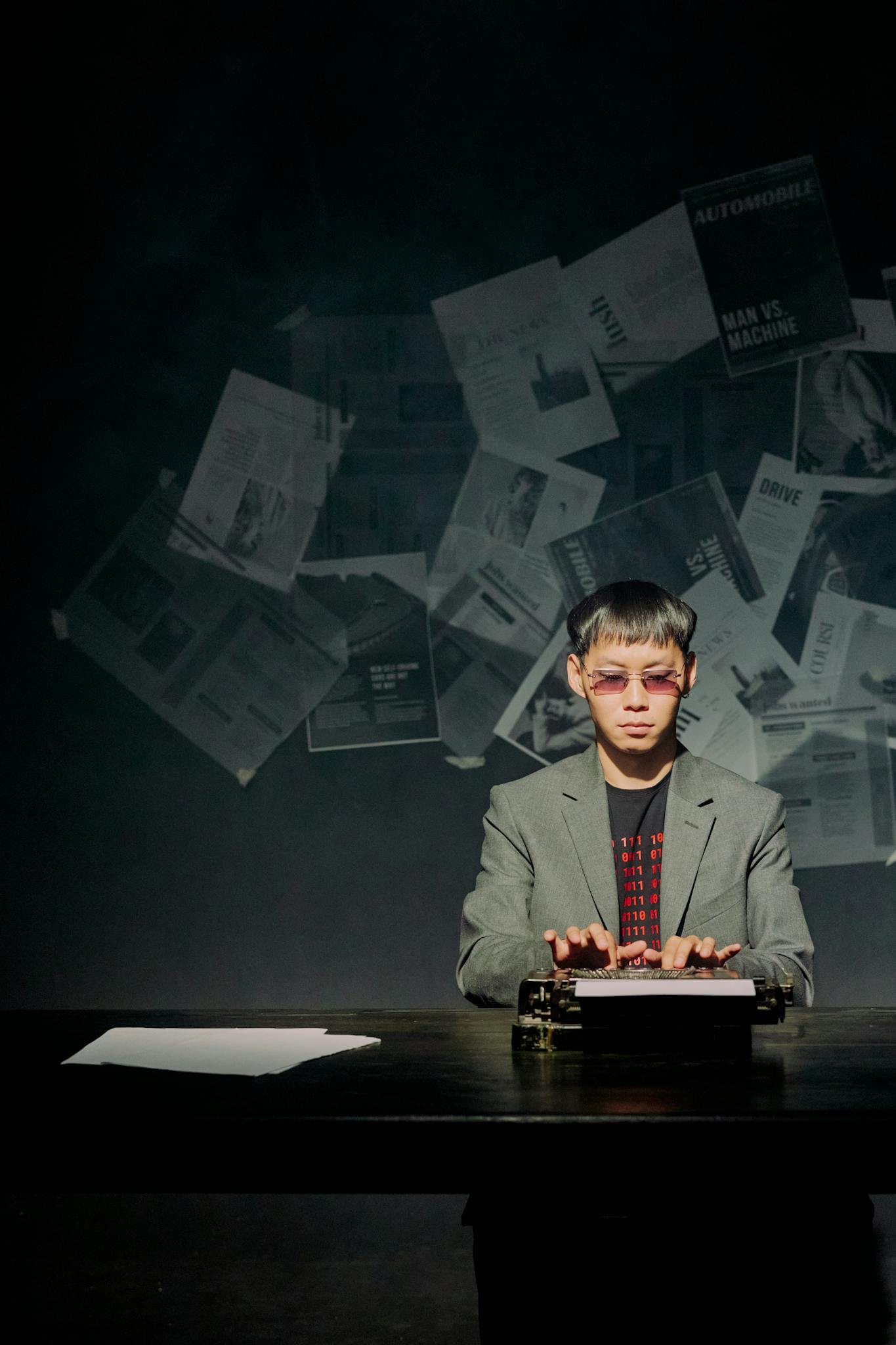 Services 2 Asian man in glasses types on a vintage typewriter with a serious expression, surrounded by scattered newspapers.